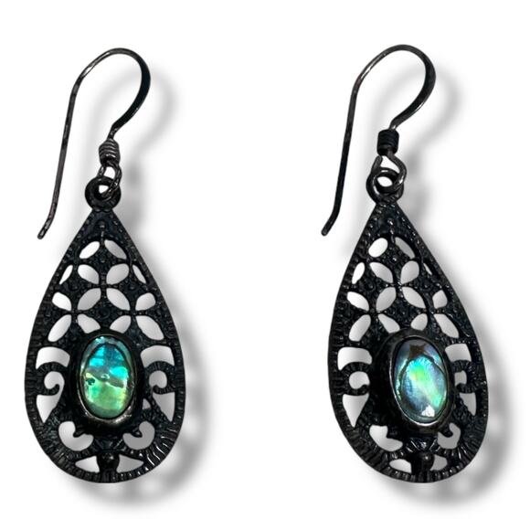 Sterling Silver Filigree Teardrop Earrings Simulated Opal Gemstone Jewelry Women - Picture 1 of 6
